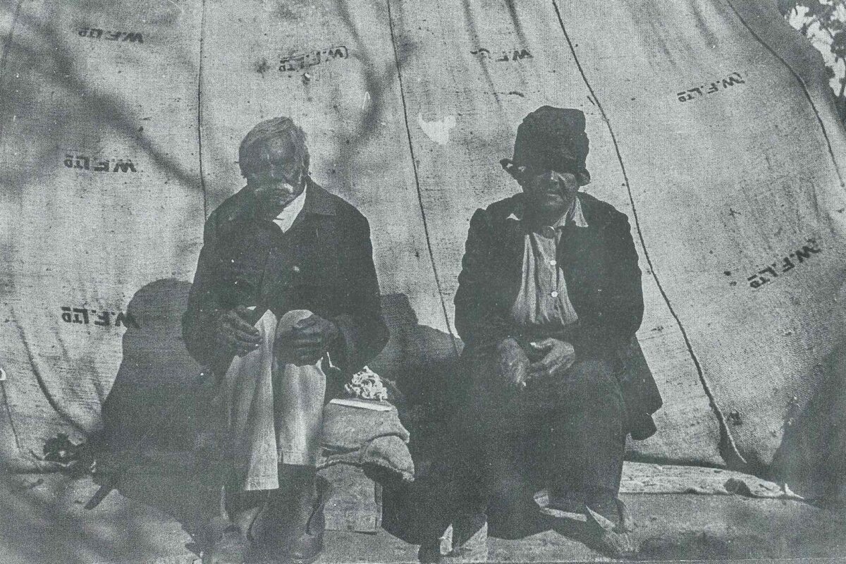 Tommy Yombich Kickett with wife Mary Fleay outside their camp. SLWA 060942PD